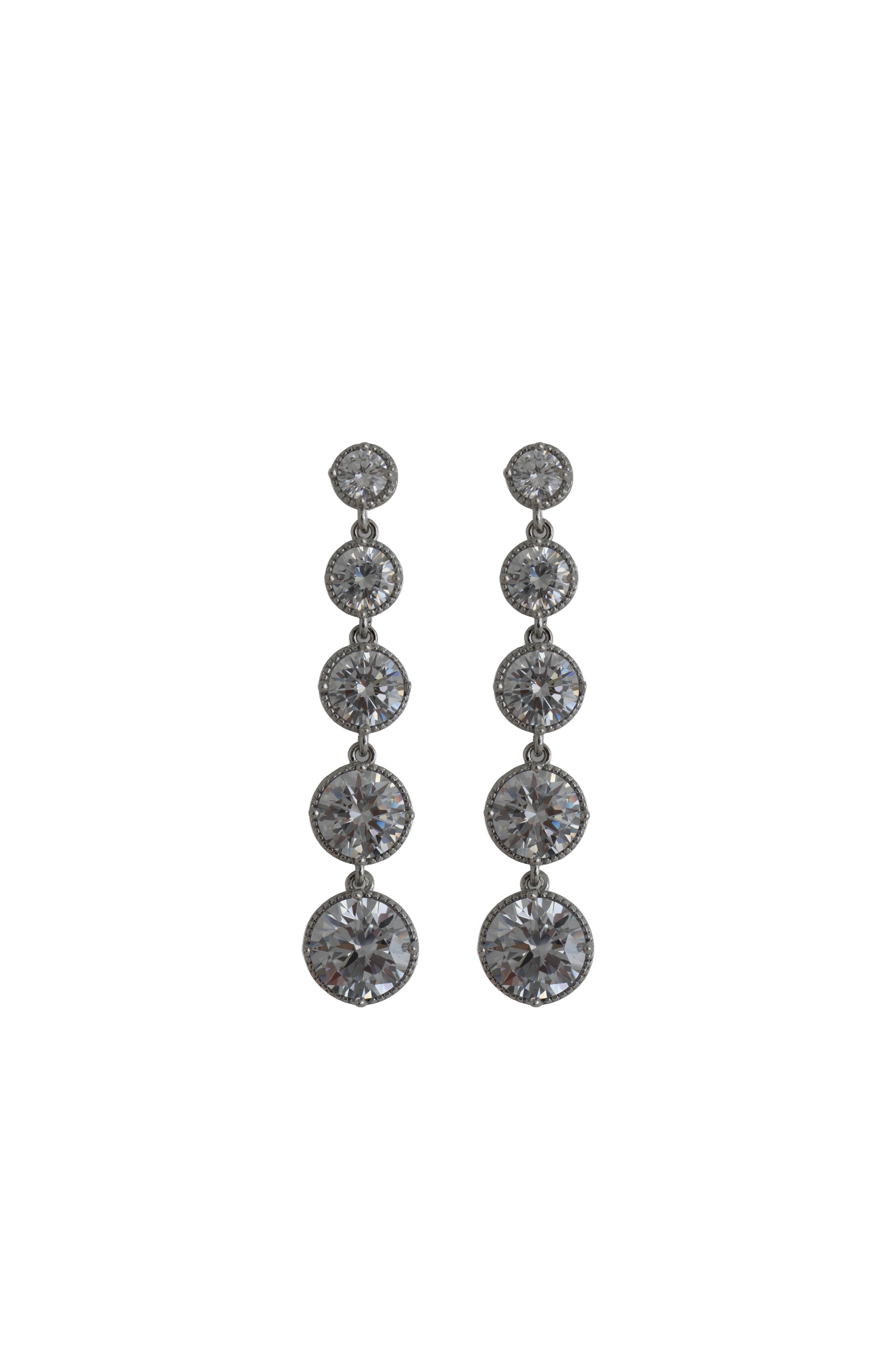 silver drop earrings featuring five graduated round crystals
