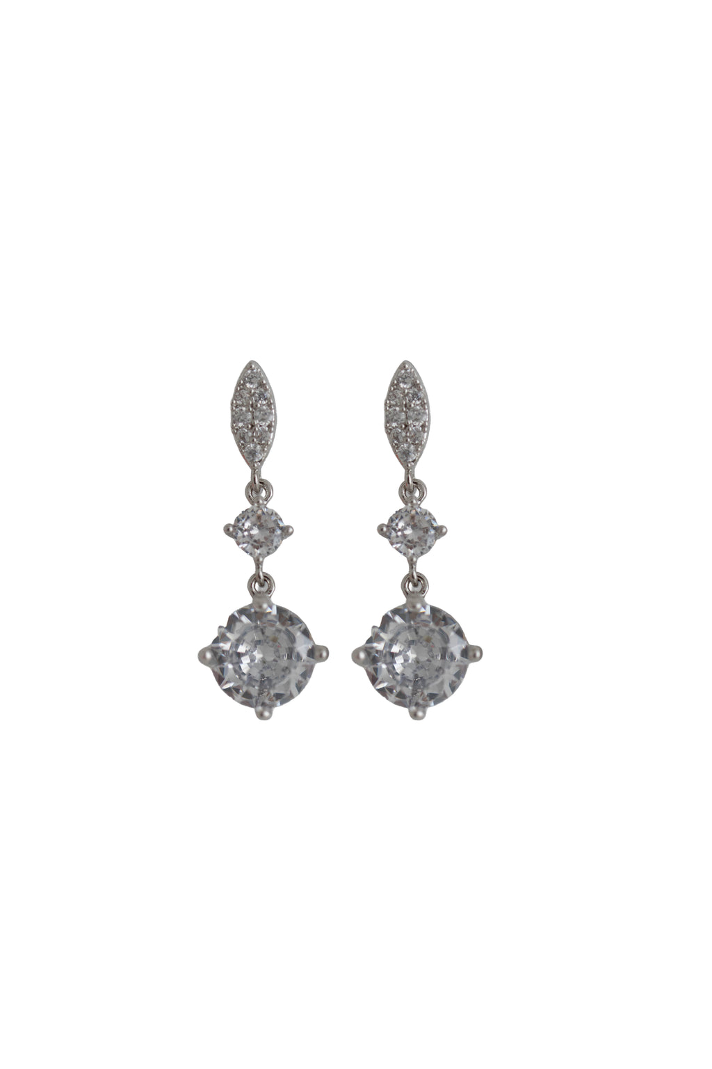 silver drop earrings with a pave marquise top and a brilliant round crystal drop
