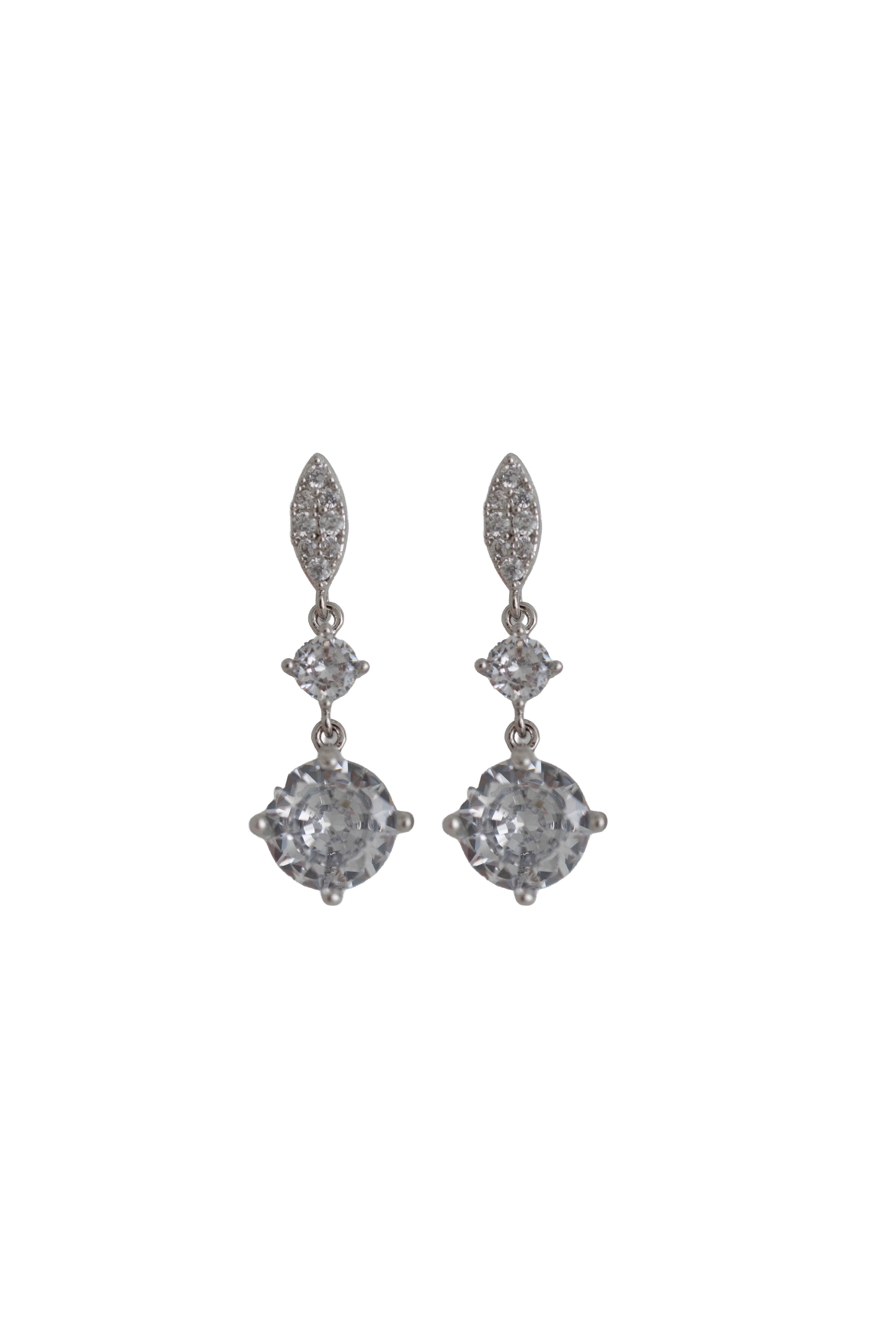 silver drop earrings with a pave marquise top and a brilliant round crystal drop
