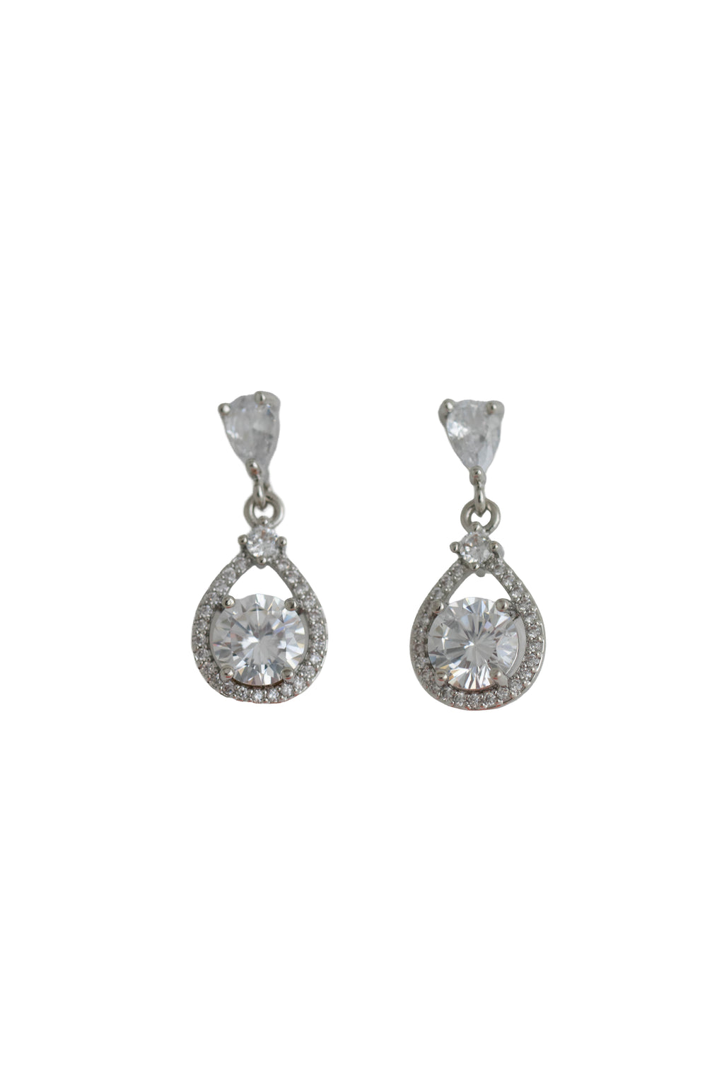 silver drop earrings featuring a round crystal set within an open pave teardrop frame