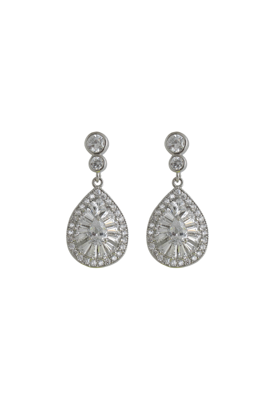 Pair of silver teardrop earrings with clear gemstones 