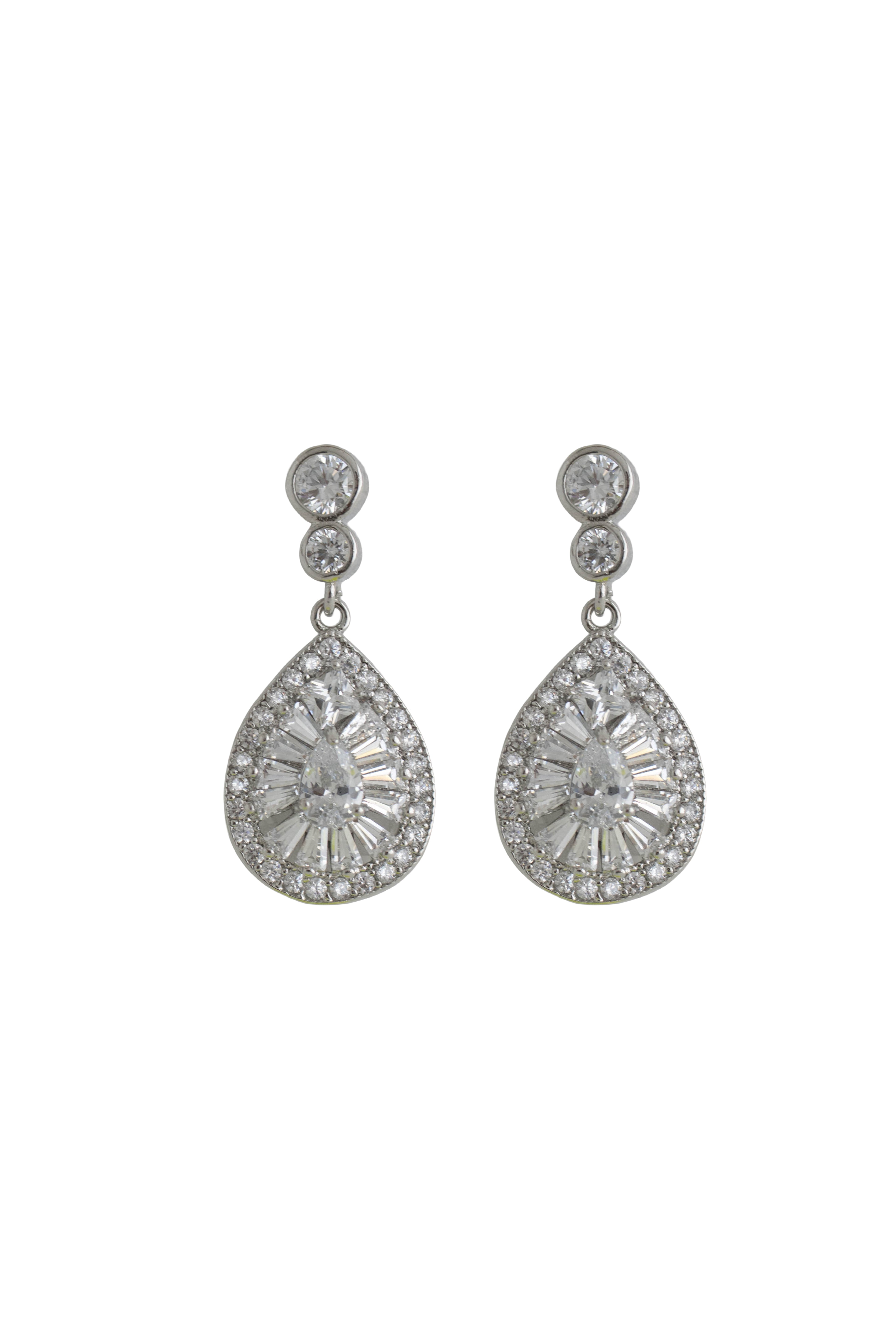 Pair of silver teardrop earrings with clear gemstones 