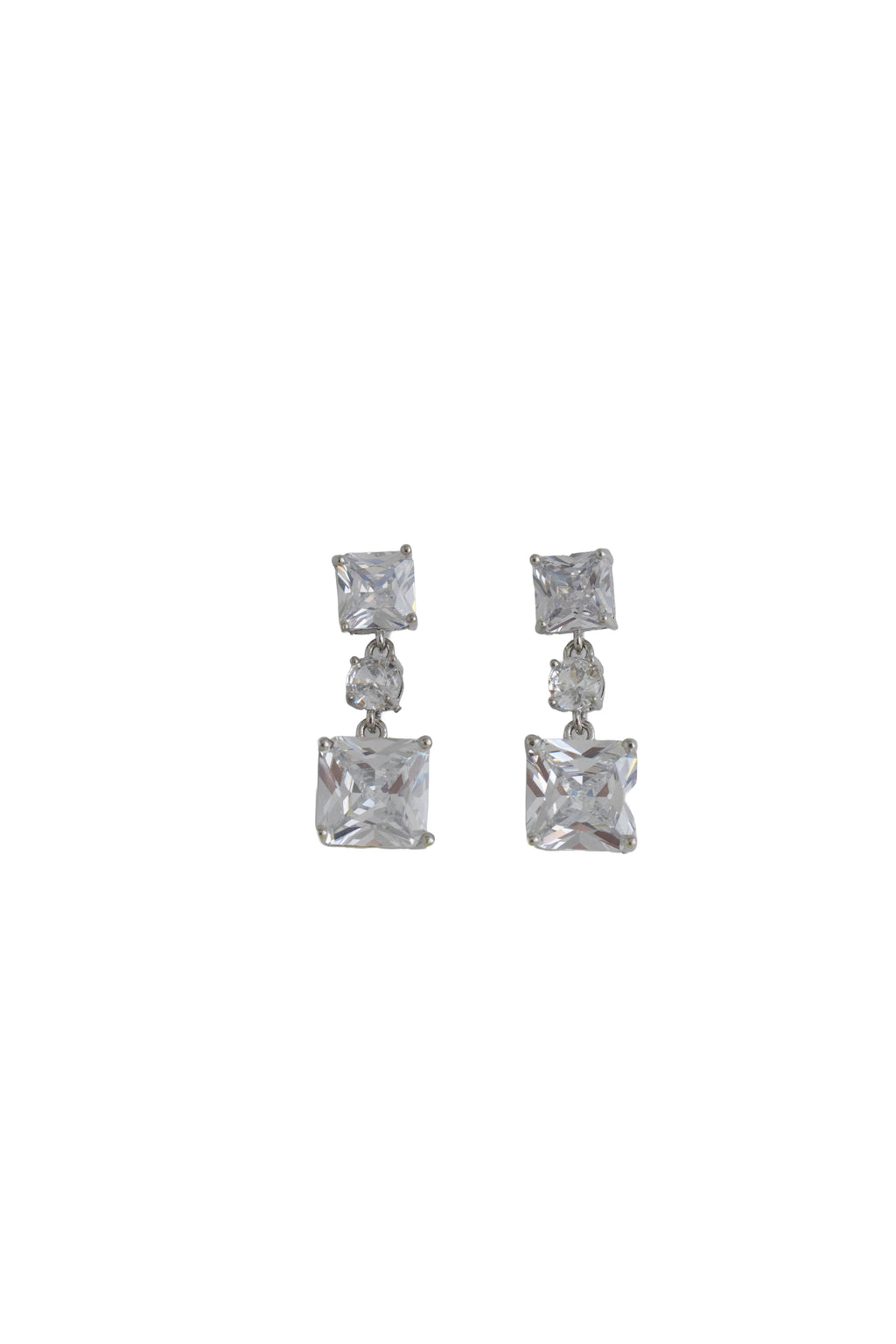 silver drop earrings featuring a square crystal top and large square crystal drop