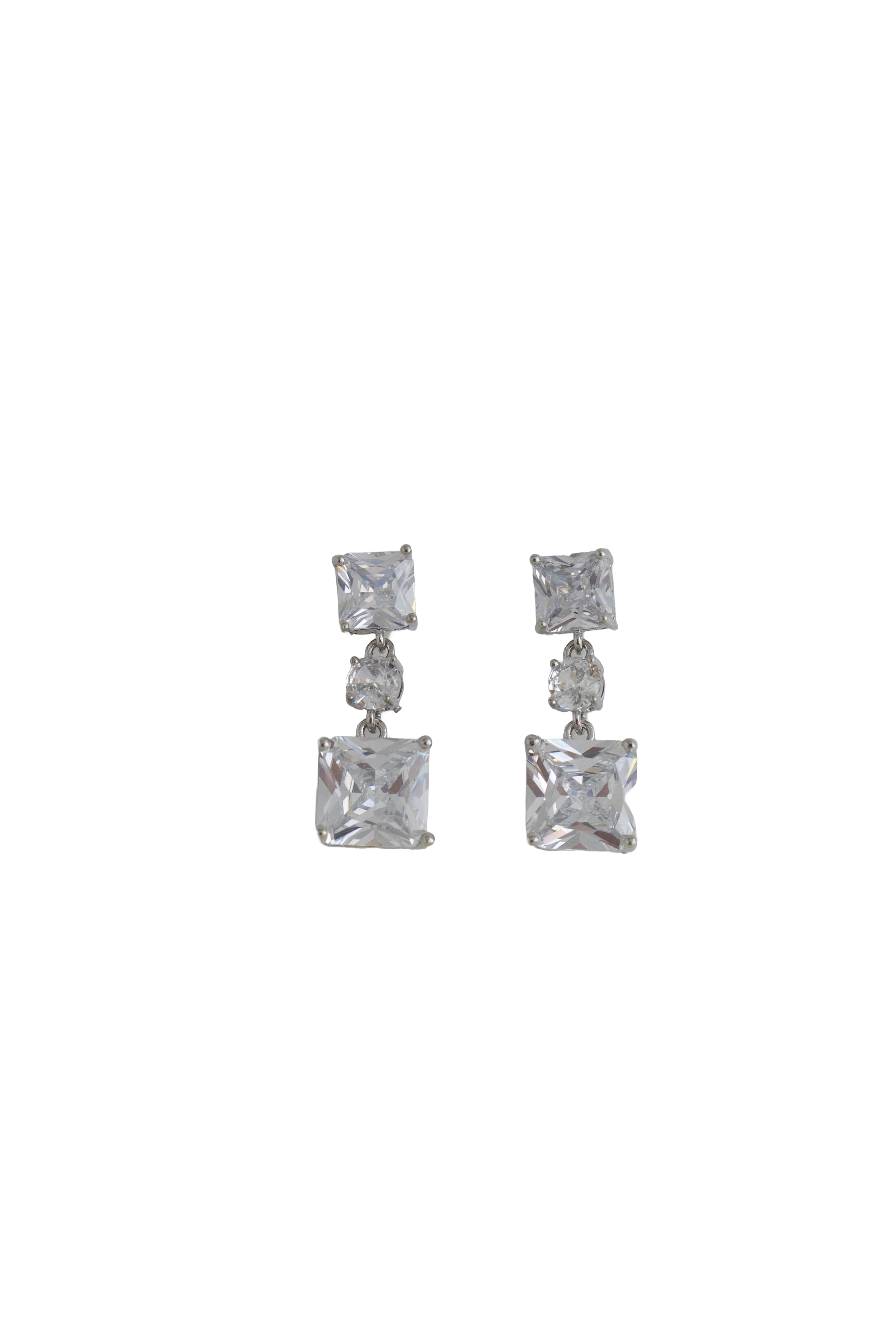 silver drop earrings featuring a square crystal top and large square crystal drop