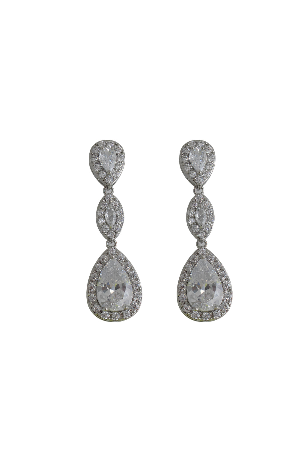 silver drop earrings featuring three cascading pave teardrop crystals