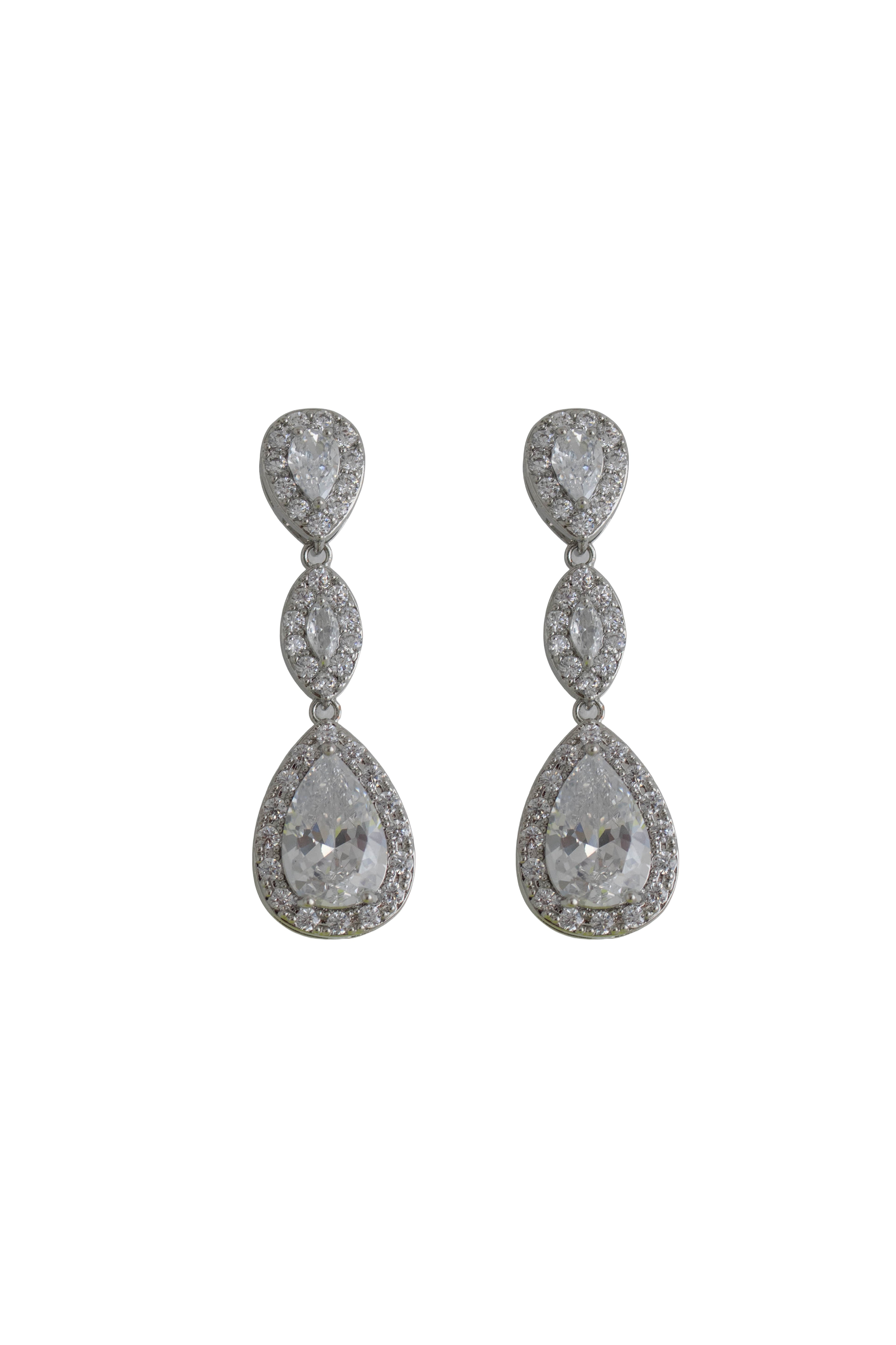 silver drop earrings featuring three cascading pave teardrop crystals