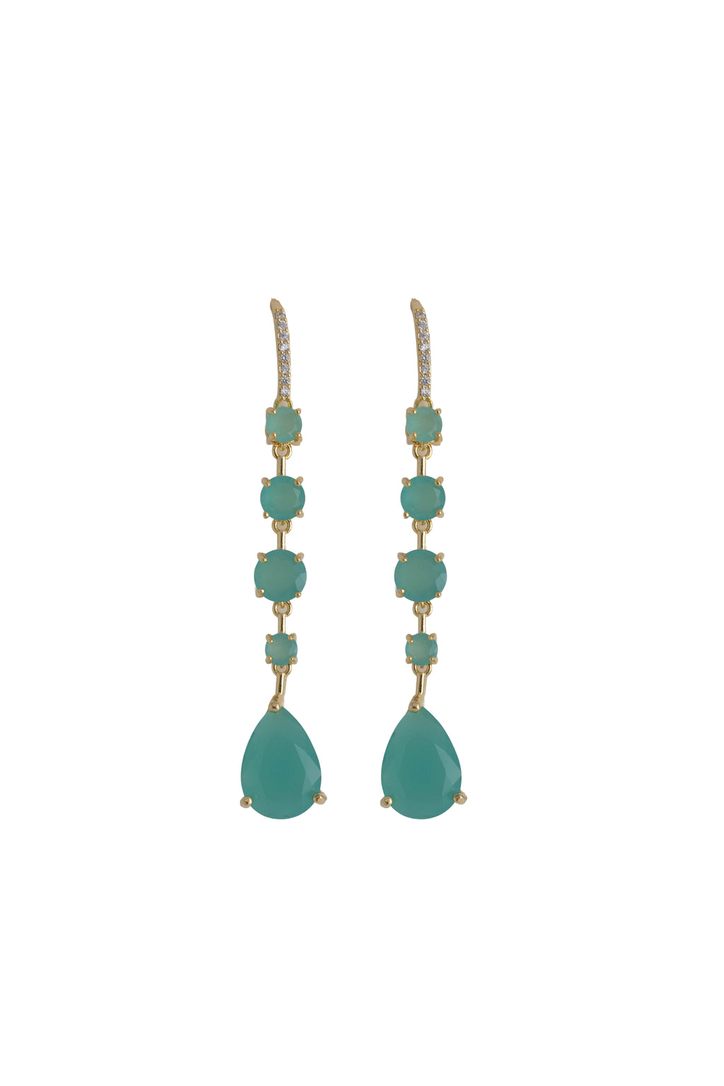 teal rhinestone drop earrings on a gold setting