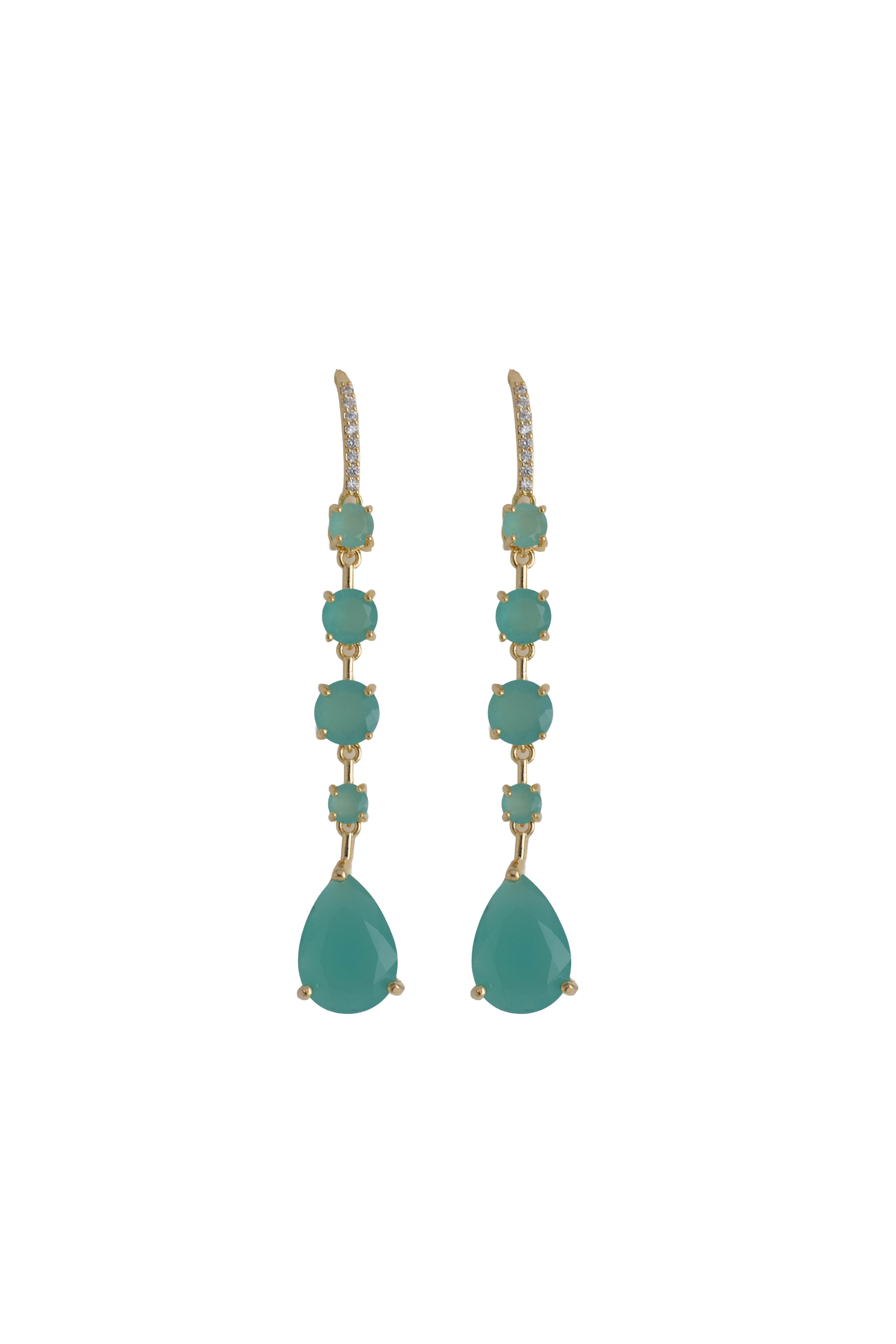 teal rhinestone drop earrings on a gold setting