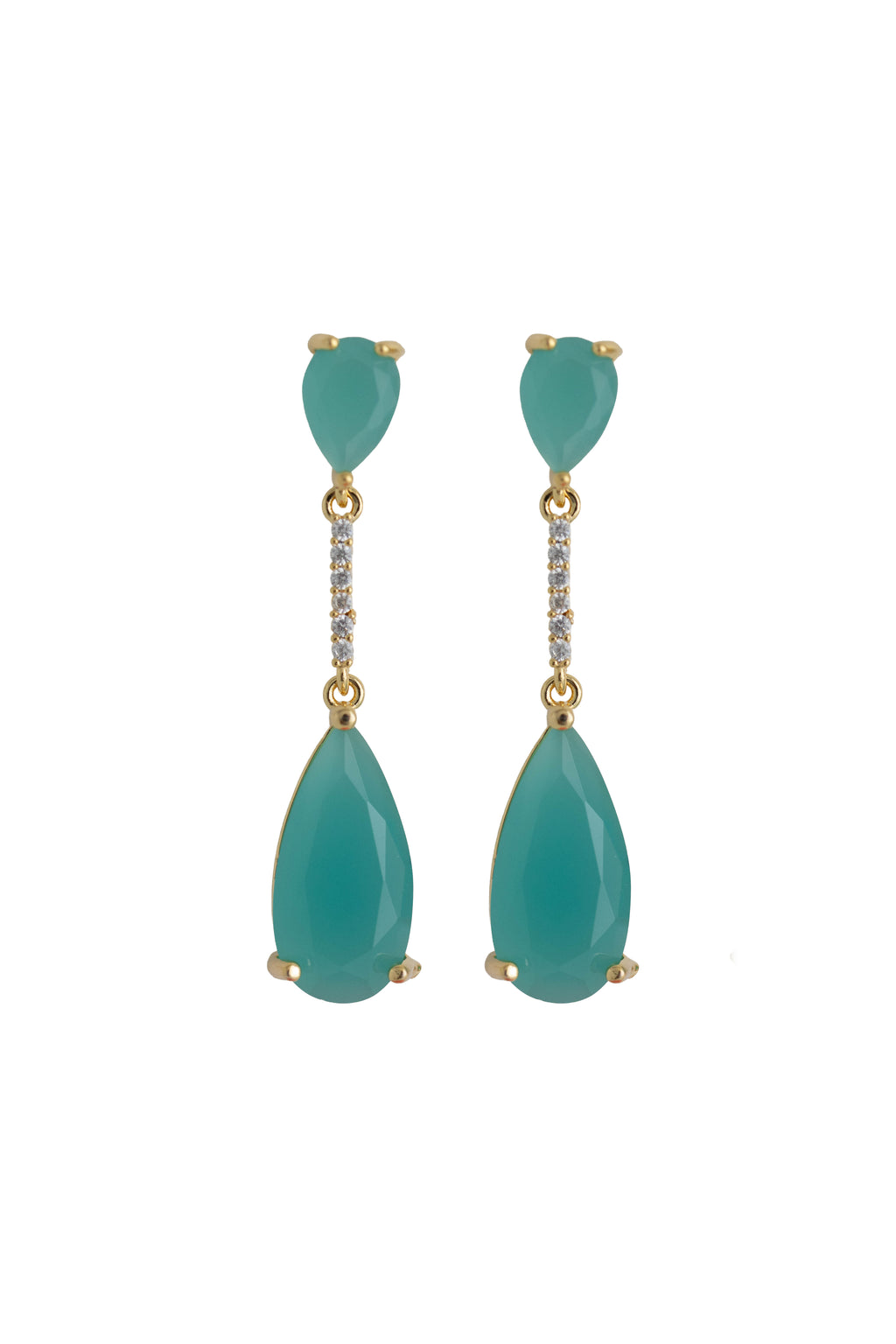 teal rhinestone drop earrings on a gold setting