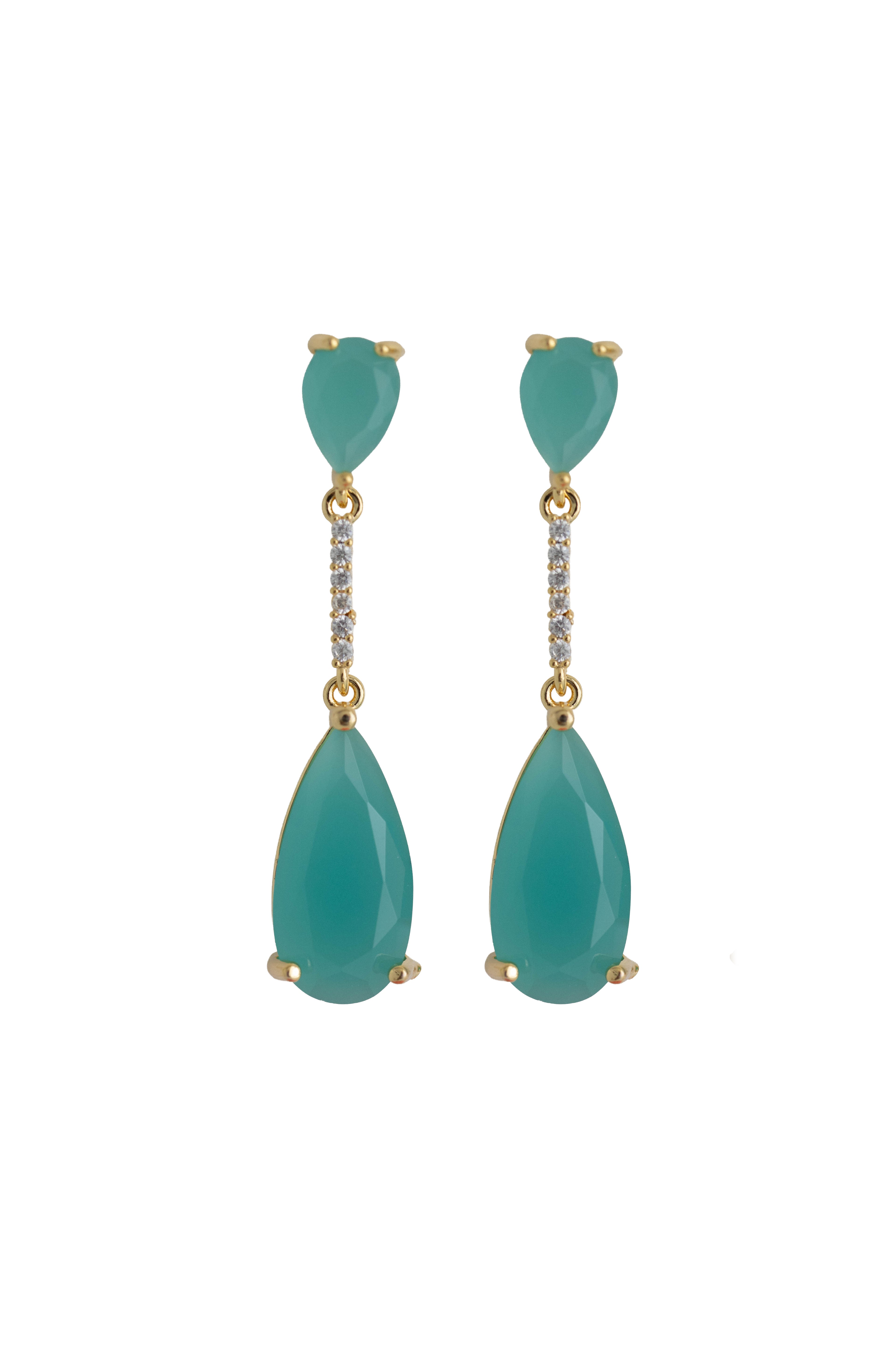 teal rhinestone drop earrings on a gold setting