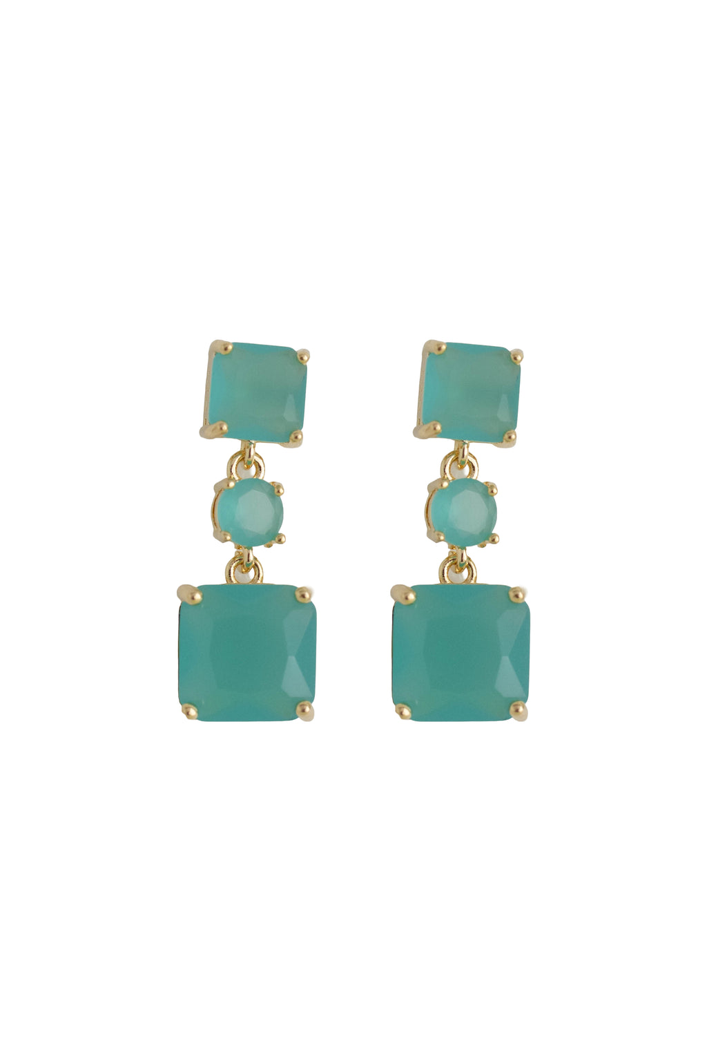 teal rhinestone drop earrings on a gold setting