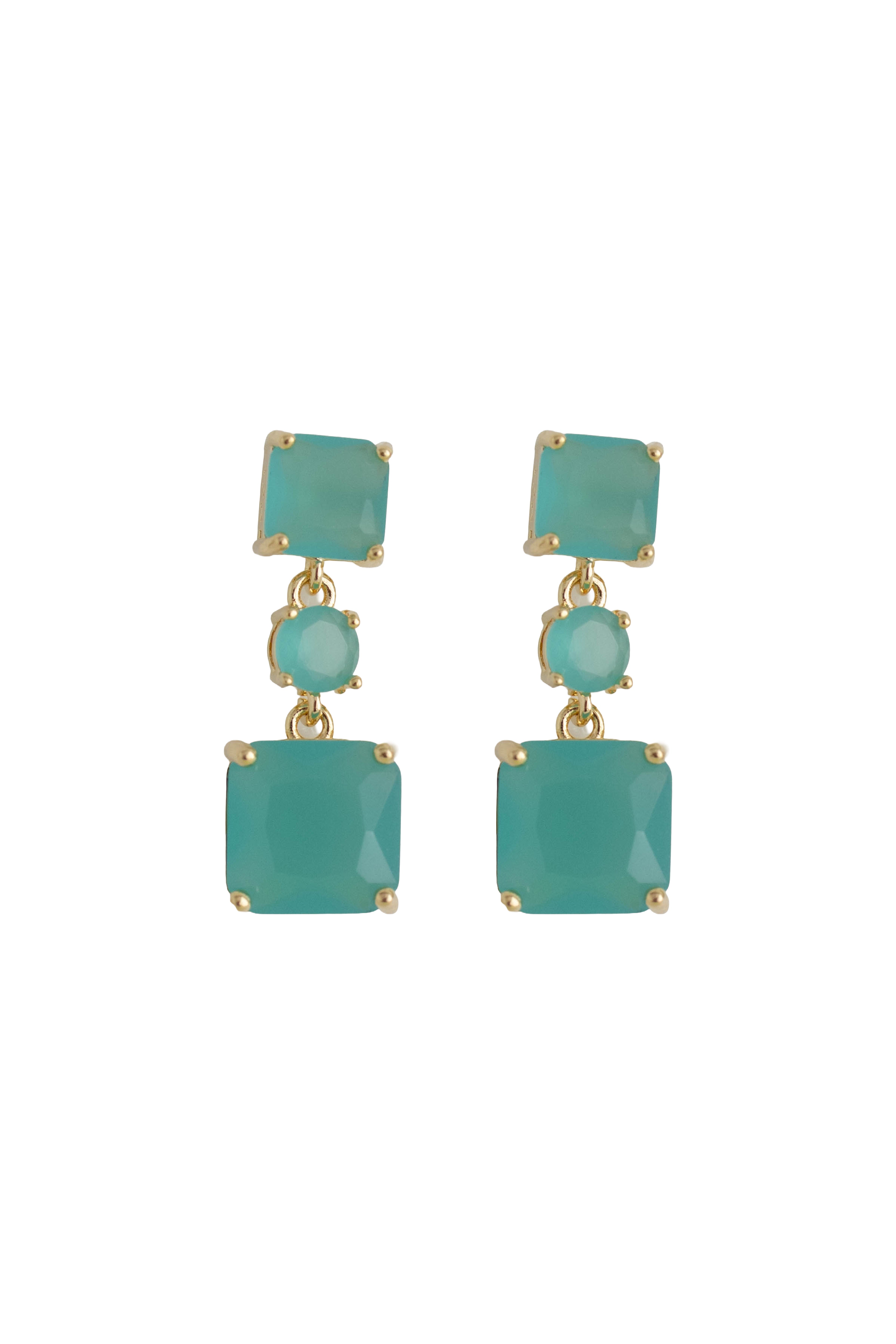 teal rhinestone drop earrings on a gold setting