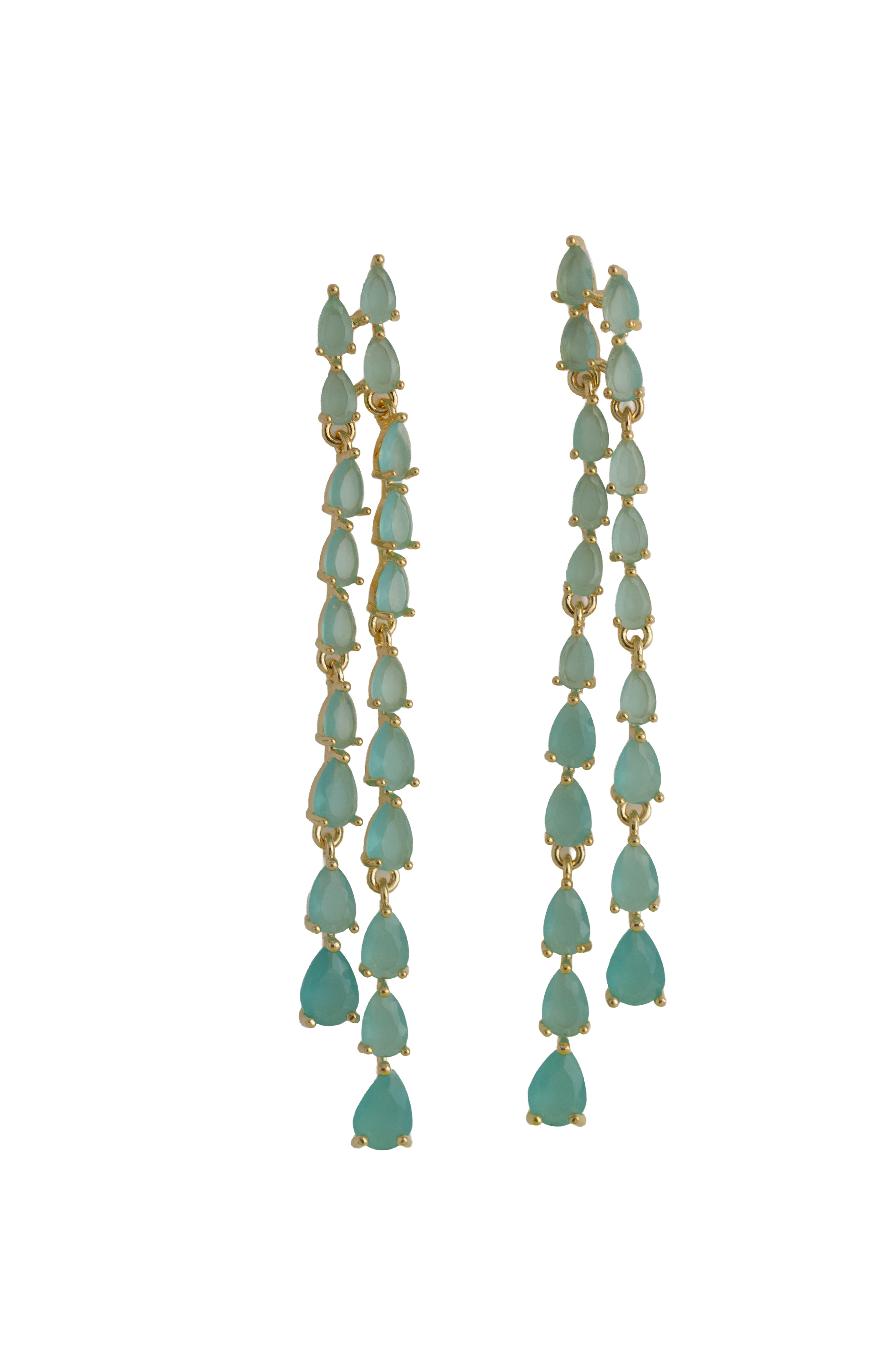 teal rhinestone fringe earrings on a gold setting