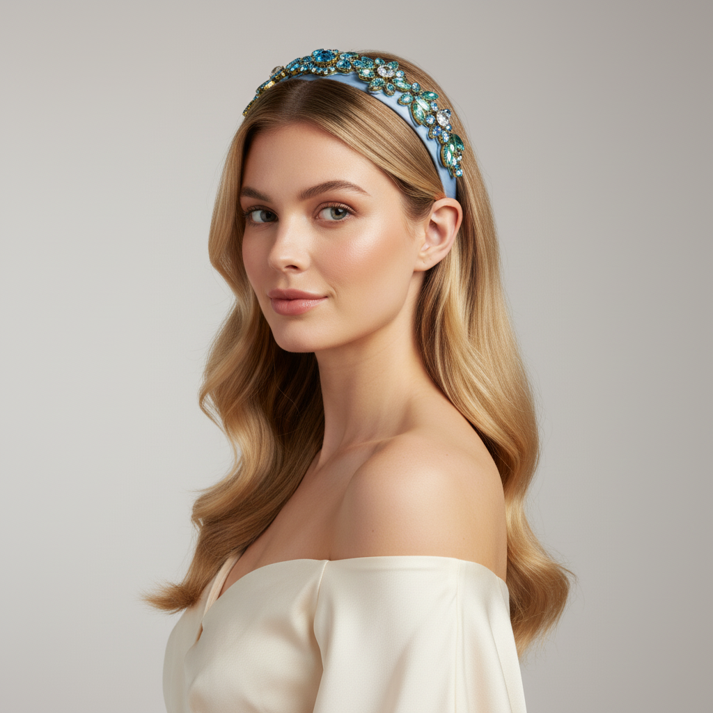 Vintage-Inspired Baroque Rhinestone Headband Light Blue