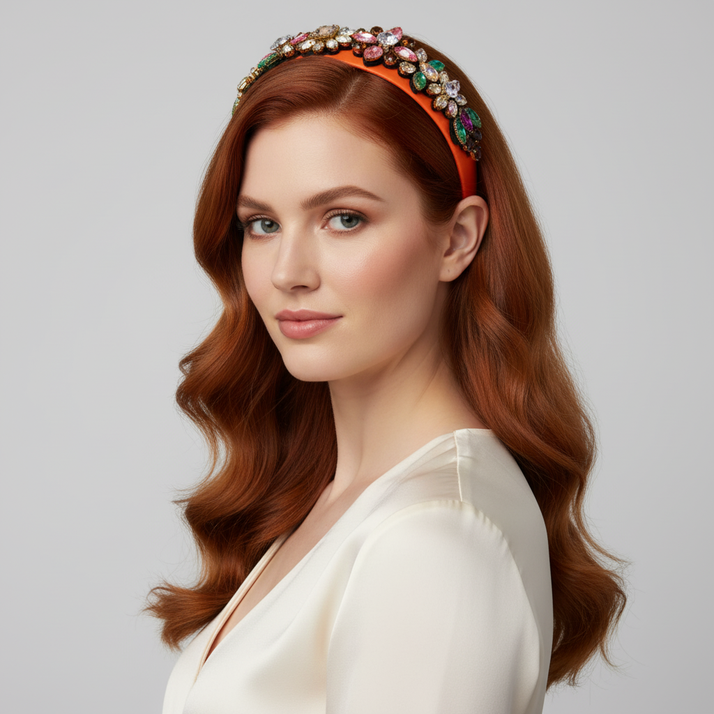 Vintage-Inspired Baroque Rhinestone Headband Bright Orange