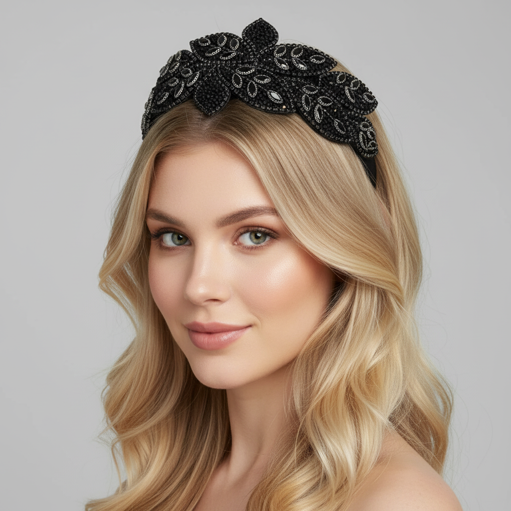 Wide-Brimmed Leaf-Shaped Rhinestone Crystal High-end Headband Black