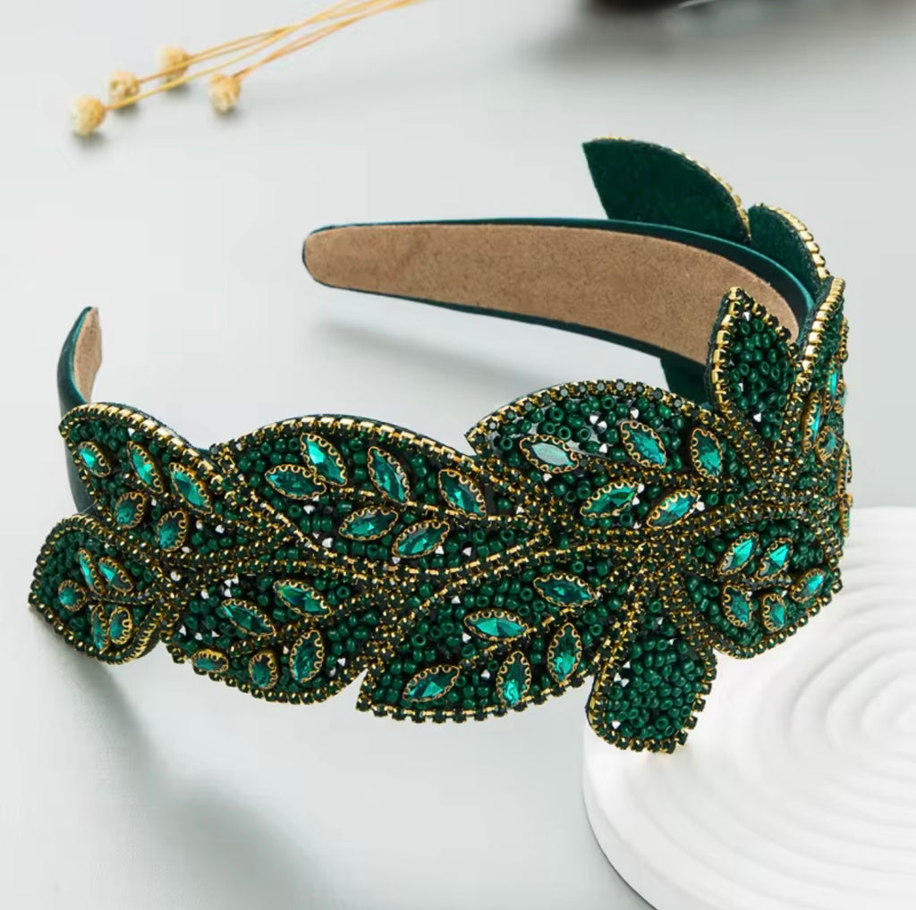 Wide-Brimmed Leaf-Shaped Rhinestone Crystal High-End Headband Emerald Green