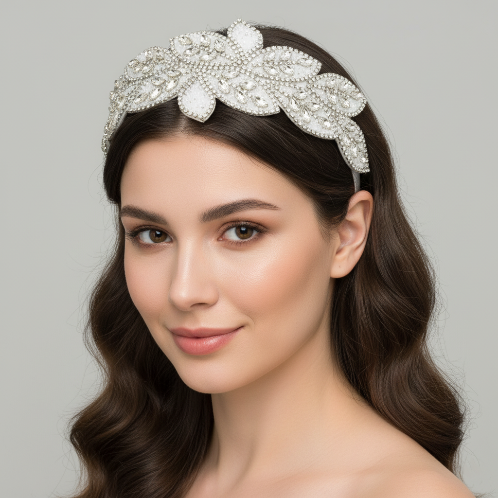 Wide-Brimmed Leaf-Shaped Rhinestone Crystal High-End Headband Emerald White