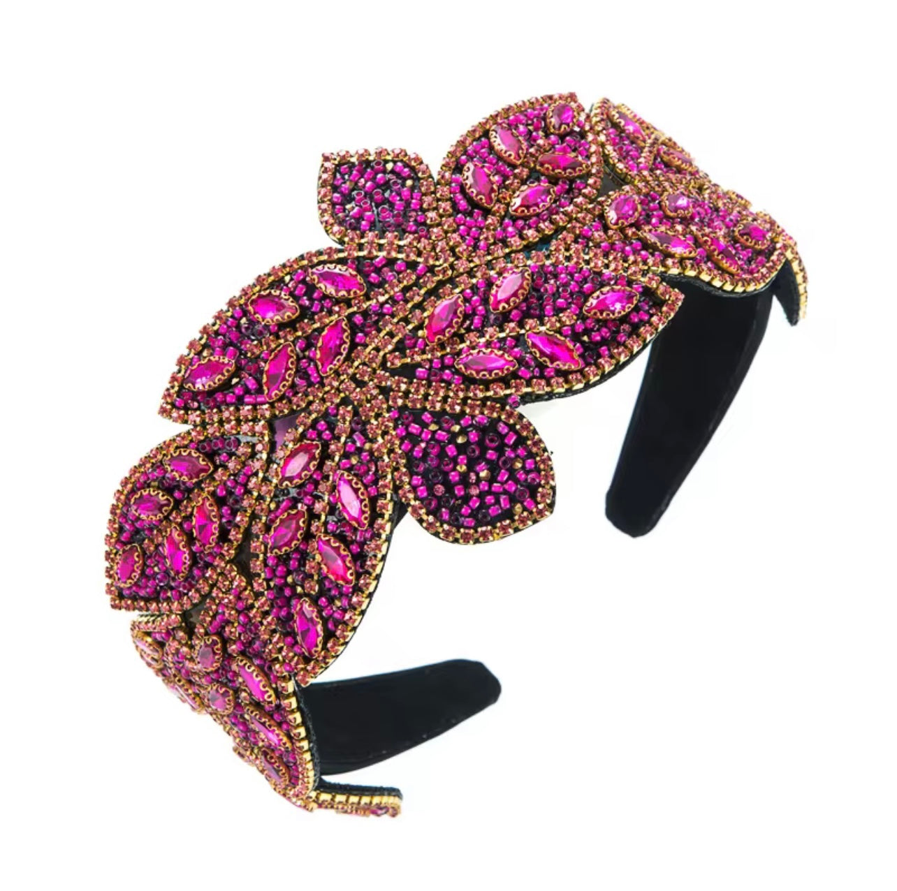Wide -Brimmed Leaf -Shaped Rhinestone Crystal High end Headband Hot Pink