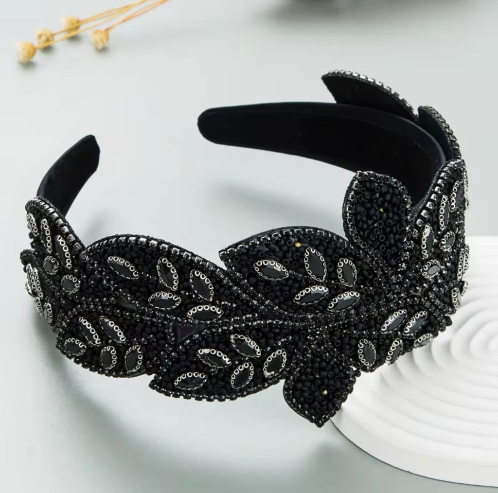 Wide-Brimmed Leaf-Shaped Rhinestone Crystal High-end Headband Black