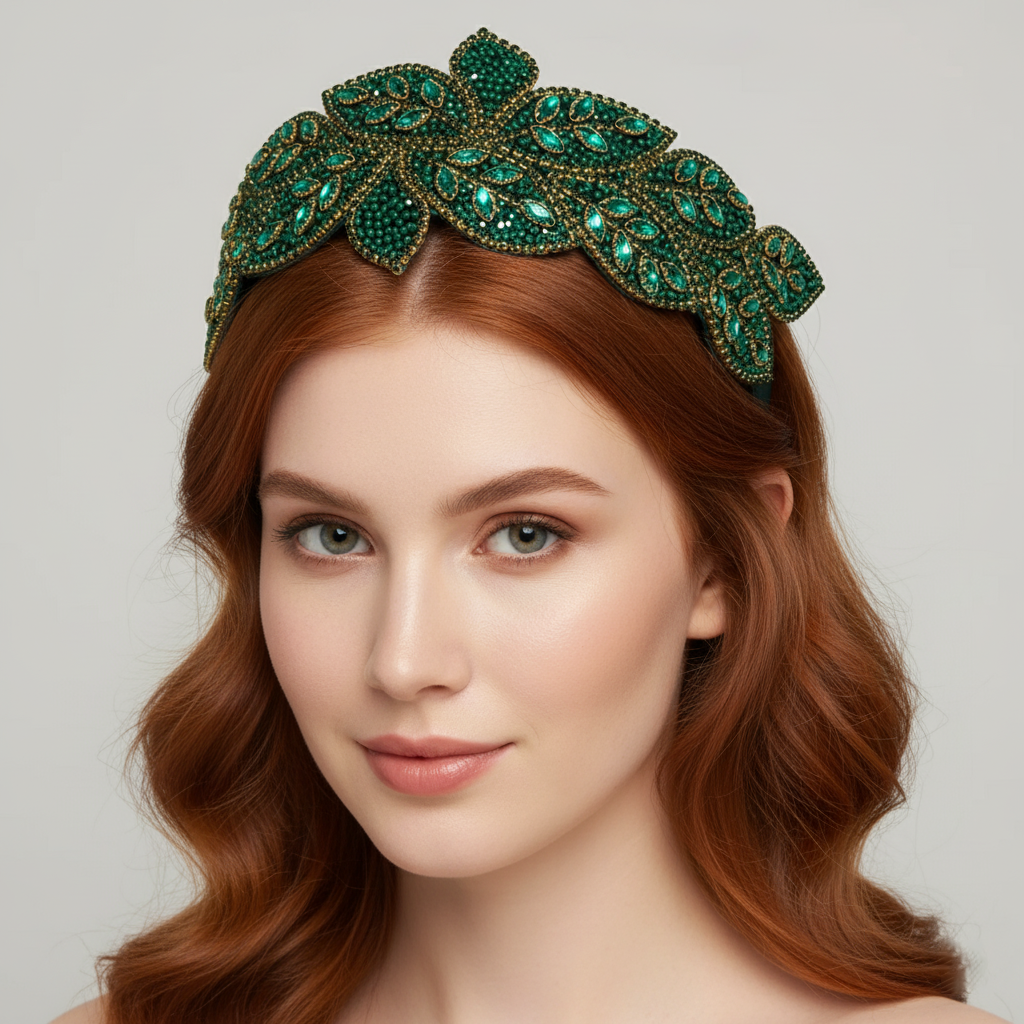 Wide-Brimmed Leaf-Shaped Rhinestone Crystal High-End Headband Emerald Green