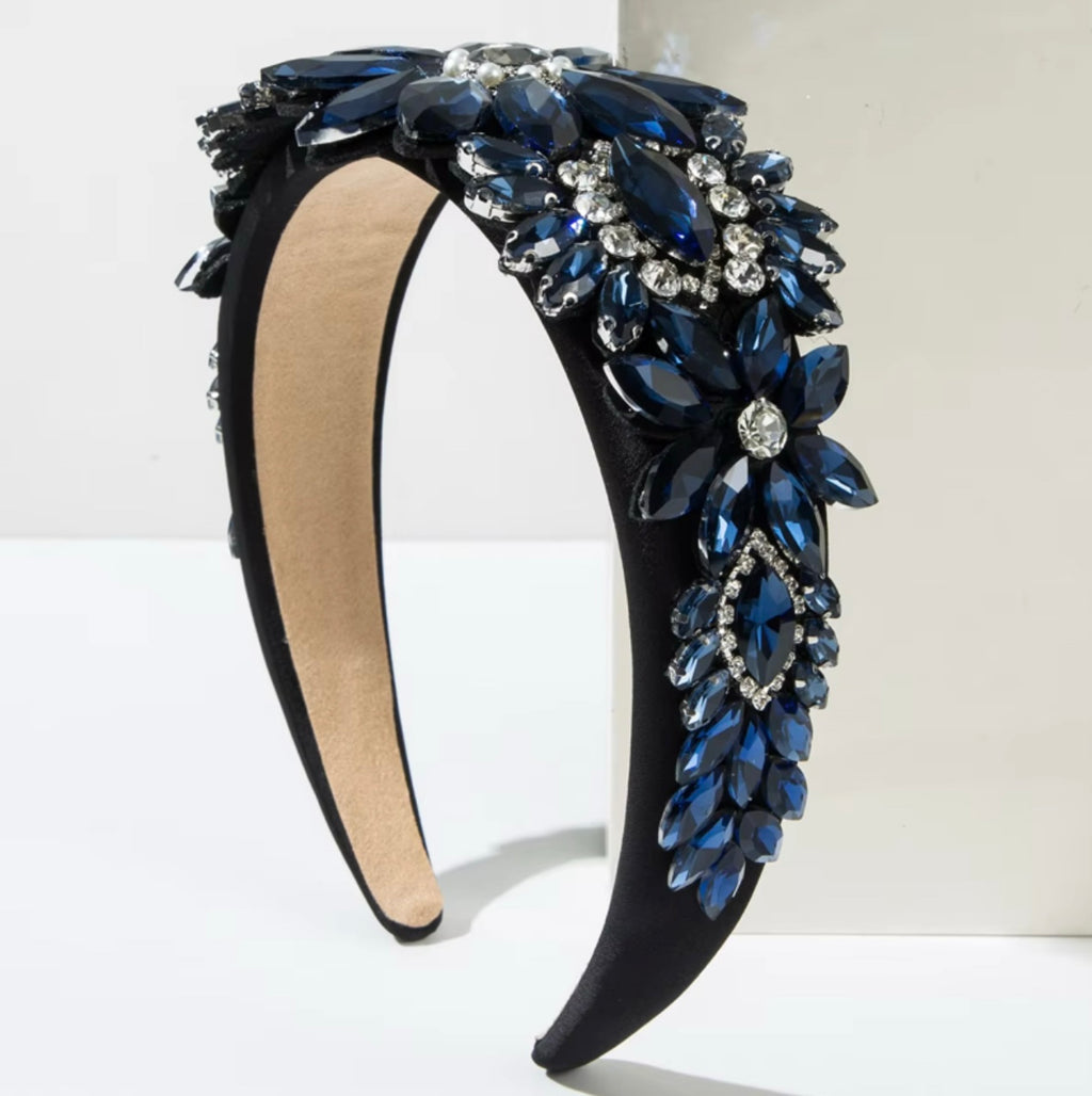 Luxury Baroque Shiny Navy Blue Crystal Flower Wide Sponge Headband Rhinestone
