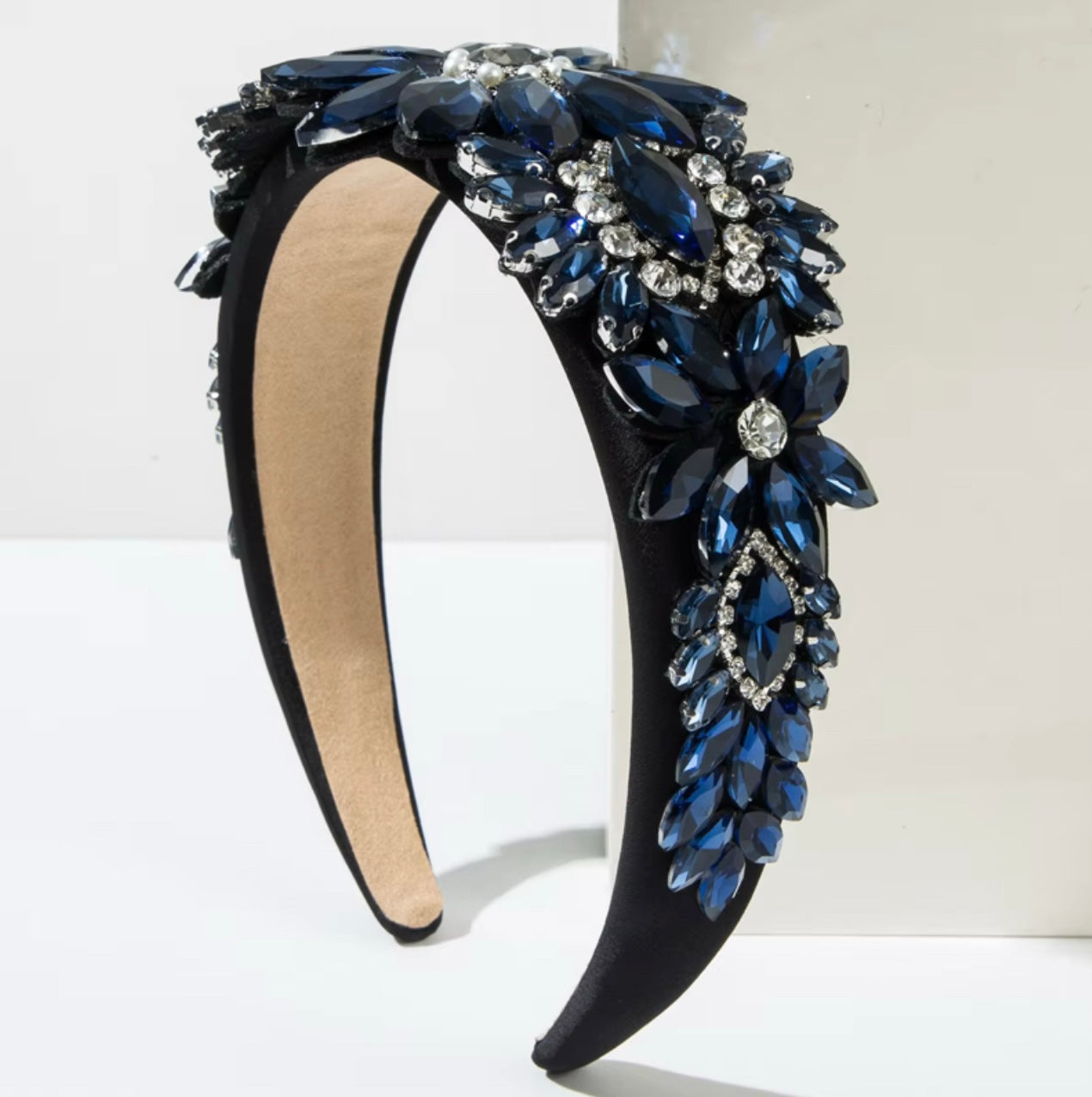 Luxury Baroque Shiny Navy Blue Crystal Flower Wide Sponge Headband Rhinestone
